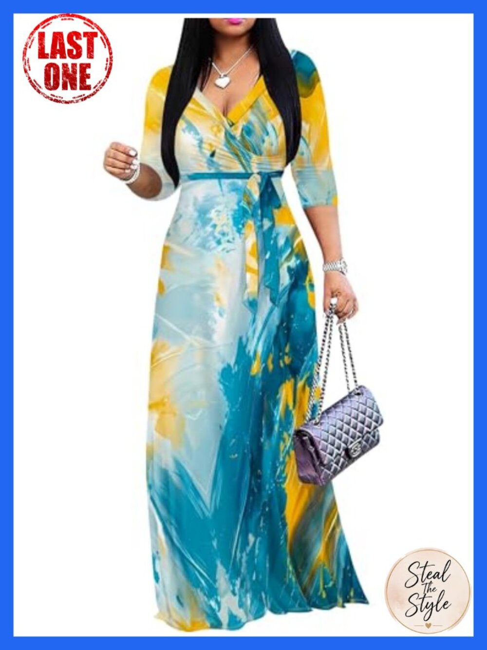 Plus Size Flowy Maxi Dress 3/4 Sleeve V-Neck Casual